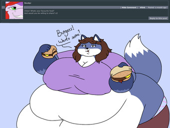 5_fingers anthro ask_blog belly big_belly big_breasts black_eyebrows black_eyes black_nose blue_background blue_body blue_fur bottomwear breasts brown_bottomwear brown_clothing brown_hair burger cleavage clothed clothing dialogue double_chin ear_markings eating eyebrow_through_hair eyebrows eyelashes facial_markings female fingers food front_view fur glistening glistening_eyes gloves_(marking) hair head_markings holding_food holding_object huge_belly huge_breasts huge_hips hyper hyper_belly hyper_hips looking_at_viewer markings midriff morbidly_obese morbidly_obese_anthro morbidly_obese_female multicolored_body multicolored_fur navel nipple_outline obese obese_anthro obese_female open_mouth overweight overweight_anthro overweight_female pants pattern_clothing pattern_underwear purple_clothing purple_topwear question shirt simple_background solo spots spotted_clothing spotted_underwear tail tail_markings tail_tuft text three-quarter_view topwear translucent translucent_hair tuft underwear white_body white_fur wide_hips batspid2 chloe_(batspid2) canid canine fox mammal 2018 4:3 digital_drawing_(artwork) digital_media_(artwork) english_text flat_colors