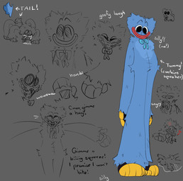 black_body black_eyes blue_body blue_clothing blue_fur blue_tail bow_tie clothing eyes_closed fur lips not_furry paws red_lips seam_(sewing) smile solo tail text yellow_body tr1clip mob_entertainment poppy_playtime huggy_wuggy tbh_(character) animate_inanimate humanoid wuggy_(poppy_playtime) english_text hi_res sketch_page