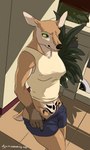 anthro bottomwear clothing female green_eyes pants shirt smile solo tattoo topwear undressing aquila_chrysaetos deer mammal mila_(disambiguation) 3:5 hi_res