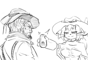 anthro antibiotics armor bodily_fluids bottle breasts cape clothed clothing container cowboy_hat cowboy_outfit cowgirl_outfit duo female fur gauntlets gloves hair handwear hat headgear headwear holding_bottle holding_container holding_object male midriff narrowed_eyes navel pill_bottle short_hair smug smug_face sweat text topwear whiskers snoutless gameoverse glitch_productions red_dead_(series) rockstar_games arthur_morgan kit_bodega domestic_cat felid feline felis human mammal crossover digital_drawing_(artwork) digital_media_(artwork) english_text hi_res monochrome sketch