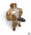 abs anthro balls biceps big_balls big_muscles big_penis biped black_penis blonde_hair bovid_horn brown_body brown_fur brown_nose caprine_horn erection fur genitals hair hands_on_hips hooves horn huge_muscles huge_penis humanoid_genitalia humanoid_penis looking_at_viewer male muscular muscular_anthro muscular_male nipples nude pecs penis ram_horn red_eyes smile solo standing tan_body tan_fur tattoo thick_penis vein white_body white_fur uniparasite rammy_aaron bovid caprine goat mammal absurd_res hi_res