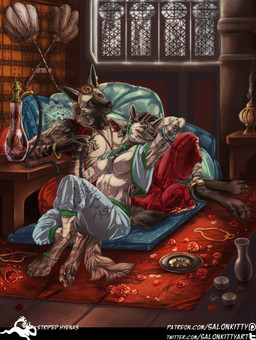 anthro breasts duo female harem middle_eastern_architecture paws silk text salonkitty hyena mammal striped_hyena url