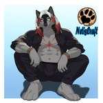 abs anthro bottomwear bracelet bulge clothed clothing feet hair heterochromia hindpaw jewelry male markings open_clothing open_shirt open_topwear pants paws red_hair red_markings shirt solo topwear white_hair netiscraft kime canid canine canis mammal wolf 1:1 hi_res