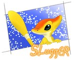 3_fingers autograph black_eyes blue_background character_signature fingers simple_background smile solo text white_background yellow_body mayoooon_626 disney lilo_and_stitch slugger_(lilo_and_stitch) alien experiment_(lilo_and_stitch) 2021 english_text