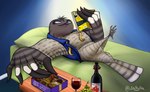 4_toes alcohol anisodactyl anthro avian_butt avian_feet beak bed belly beverage biped book box_of_chocolates brown_body brown_eyes candy chest_tuft chocolate claws clothed clothing container crossed_legs cup dessert digitigrade drinking_glass eating eating_food eyebrows feather_tuft feathers feet feral food fruit furniture glass glass_container glass_cup grape head_tuft holding_book holding_candy holding_chocolate holding_food holding_object legs_up lidded_eyes lying lying_on_bed male multicolored_body necktie on_back on_bed open_clothing open_mouth open_shirt open_topwear partially_clothed plant pose reading reading_book relaxing semi-anthro shirt small_feet smile snacks solo straight_legs striped_body stripes sweets tail tail_feathers tan_body text toe_claws toes topwear tuft wine wine_bottle wine_glass wings sallylla for_dummies neville_nightglider avian bird european_nightjar nightjar 2025 digital_media_(artwork) english_text full-length_portrait hi_res pinup portrait