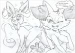 anthro anus bodily_fluids breasts butt cute_fangs duo fangs female feral genital_fluids genitals heart_symbol looking_back open_mouth presenting presenting_hindquarters pussy saliva sweat teeth text tongue vaginal_fluids fullfolka nintendo pokemon braixen canid canine eeveelution generation_6_pokemon mammal pokemon_(species) sylveon english_text greyscale hi_res monochrome