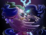 blue_body blue_feathers duo feathered_wings feathers female feral glowing glowing_eyes horn wings omny87 friendship_is_magic hasbro my_little_pony mythology princess_celestia_(mlp) princess_luna_(mlp) equid equine mammal mythological_creature mythological_equine winged_unicorn 2015 sibling_(lore) sister_(lore) sisters_(lore)