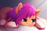 female feral fetlocks grumpy hair half-closed_eyes hooves lidded_eyes messy_hair multicolored_hair narrowed_eyes orange_body pillow pink_hair pink_tail purple_hair purple_tail solo tail tired two_tone_hair two_tone_tail luminousdazzle hasbro mlp_g5 my_little_pony sunny_starscout_(mlp) earth_pony equid equine horse mammal pony 2022 3:2