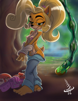 4_toes abs anthro barefoot breasts clothing countershade_feet countershading discarded_footwear feet female food forest fruit jungle mostly_nude nipples paws plant plantigrade slime small_breasts solo tentacles toes tree undressing undressing_self wumpa_fruit dapperscrew activision crash_bandicoot_(series) coco_bandicoot bandicoot mammal marsupial absurd_res hi_res watermark