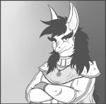 anthro armor black_hair clothing eyebrows fur hair jewelry male necklace scar simple_background solo thick_eyebrows mirroidal mythology keidan_(mirroidal) dragon furred_dragon furred_scalie mirroid mythological_creature mythological_scalie scalie 2015 black_and_white digital_media_(artwork) monochrome