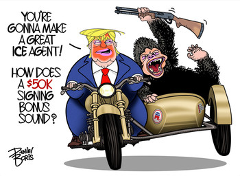 5_fingers 5_toes ambiguous_anthro ambiguous_gender anthro black_body black_fur blazer blonde_hair bottomwear clothing collared_shirt dress_shirt driving eyebrows fangs feet fingernails fingers footwear fur grotesque gun hair hand_feet handle_bar headlight holding_gun holding_object holding_ranged_weapon holding_weapon light_body lips makeup male mascara money motorcycle nails necktie obese obese_human obese_male offering_money opposable_toe overweight overweight_human overweight_male pants pink_lips pink_nose political_cartoon politics prehensile_feet pump_action_shotgun question_mark ranged_weapon riding_motorcycle shirt shoes shotgun sidecar simple_background sticker stickers_on_object teeth text tire toes topwear toupee ugly_bastard use_the_blacklist vehicle weapon wheel white_background danboriscreates immigration_and_customs_enforcement republican donald_trump ape chimpanzee haplorhine human mammal pan_(genus) primate english_text hi_res