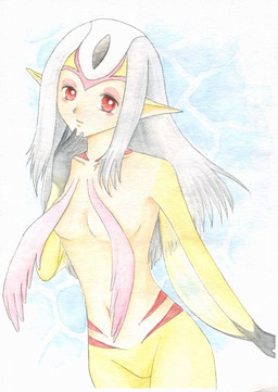 breasts convenient_censorship featureless_crotch female humanoid_pointy_ears monster_girl_(genre) nude nude_female nullo pointy_ears red_eyes solo yellow_body yellow_skin unknown_artist blue_submarine_no._6 mutio aquatic humanoid colored_pencil_(artwork) half-length_portrait portrait traditional_media_(artwork)