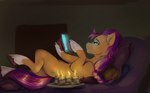 bed braided_hair candle cellphone cutie_mark electronics eyelashes female feral fire fur furniture green_eyes hair half-closed_eyes hooves inner_ear_fluff lying narrowed_eyes on_back orange_body orange_fur phone pillow smartphone smile solo tuft testostepone hasbro mlp_g5 my_little_pony sunny_starscout_(mlp) earth_pony equid equine horse mammal pony digital_media_(artwork)