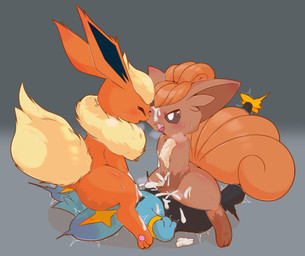 blush bodily_fluids cum cum_on_face facesitting female feral genital_fluids group group_sex male male/female sex sitting_on_another threesome trio oshiri_hakase nintendo pokemon maroukon_(character) taruo eeveelution flareon generation_1_pokemon generation_4_pokemon pokemon_(species) shinx vulpix absurd_res hi_res