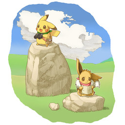 ambiguous_gender bag binoculars duo exploring fur map outside scarf sky tail yellow_body yellow_fur tsu_ji nintendo pokemon pokemon_mystery_dungeon spike_chunsoft canid canine eevee generation_1_pokemon mammal pikachu pokemon_(species) rodent 1:1