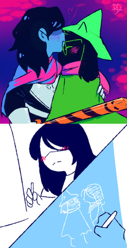 anthro black_body black_fur blush clothed clothing eyewear fur glasses hair hat headgear headwear heart_symbol male scarf rottendan_(artist) deltarune undertale_(series) kris_dreemurr ralsei bovid caprine darkner goat human mammal 2018 digital_media_(artwork) hi_res