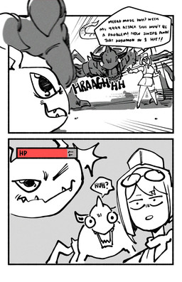 baby_digimon clothing dialogue eyewear female feral gameplay_mechanics glasses group gui hat headgear headwear health_bar humor neonate scared shocked text young kinzaibatsu91 bandai_namco digimon digimon_story:_time_stranger kanan_yuki armageddemon digimon_(species) human koromon mammal comic english_text hi_res