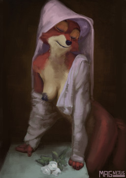 anthro areola bottomless bottomless_anthro bottomless_female breasts clothed clothing eyes_closed female flower fur nipples one_breast_out open_clothing open_topwear orange_body plant solo topwear veil magnetus disney robin_hood_(disney) maid_marian canid canine canis fox mammal red_fox true_fox digital_media_(artwork) digital_painting_(artwork) hi_res painting_(artwork)