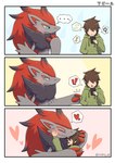 ambiguous_gender anthro blue_eyes blush brown_hair cellphone claws clothing duo electronics exclamation_point eyeless eyes_closed fur grey_body grey_fur hair happy heart_symbol hoodie hug magnifying_glass male musical_note musical_symbol phone red_hair simple_background smartphone smile symbol text tongue tongue_out topwear rocking_jjj nintendo pokemon generation_5_pokemon human mammal pokemon_(species) zoroark 2025 absurd_res comic hi_res japanese_text signature