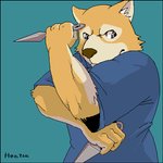 anthro black_border blue_background border brown_body brown_fur clothed clothing fur humanoid_hands kemono kunai male simple_background solo weapon syukouakanaru wan_wan_celeb_soreyuke!_tetsunoshin hanzou_(tetsunoshin) canid canine canis domestic_dog mammal 1:1 2006 archived_source digital_media_(artwork) low_res oekaki