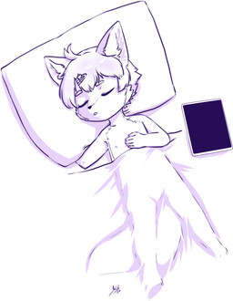 5_fingers anthro eyebrows eyes_closed fingers hair inner_ear_fluff male pillow sleeping solo tablet tuft young young_anthro young_male aogami canid canine fox mammal absurd_res comic hi_res line_art monochrome