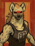 ambiguous_gender anthro bodypaint clothing face_paint female grin red_eyes shirt smile solo tank_top text text_on_clothing topwear alekksandar conditional_dnp marrow_(alekksandar) hyena mammal spotted_hyena 2024 3:4 digital_media_(artwork) english_text hi_res