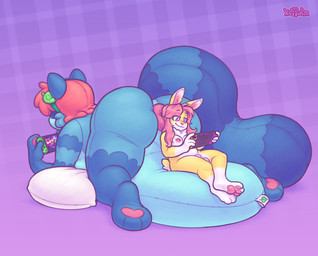 anthro anus balls breasts butt duo gaming genitals gloves_(marking) gynomorph gynomorph/gynomorph hair holding_nintendo_switch intersex intersex/intersex leg_markings markings nipple_piercing nipples nude pawpads piercing pillow playing_video_game plushie ponytail purple_eyes red_hair simple_background sitting sitting_on_balls size_difference smile socks_(marking) tail keffotin nintendo nintendo_switch ellie_(keffotin) soleil_(keffotin) animate_inanimate canid canine lagomorph leporid living_plushie mammal rabbit raccoon_dog tanuki 2021 digital_media_(artwork) hi_res trans_(lore) trans_woman_(lore)