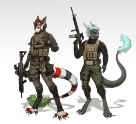 anthro biped bottomwear claws clothed clothed_anthro clothed_male clothing duo feet fingers fully_clothed fully_clothed_anthro fully_clothed_male fur gun hair horn male ranged_weapon simple_background teeth toes topwear weapon pgm300 mythology dragon mythological_creature mythological_scalie scalie 2026 absurd_res digital_drawing_(artwork) digital_media_(artwork) hi_res