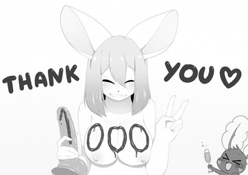 anthro body_writing breasts chibi dildo duo female gesture grin hand_gesture nude sex_toy smile text v_sign writing_on_breasts writing_on_chest marshmallow-ears peachy_(marshmallow-ears) lagomorph leporid mammal rabbit black_and_white comic digital_media_(artwork) english_text monochrome gynomorph_(lore) intersex_(lore)
