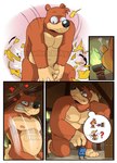 accident accidental_exposure anthro belly blue_eyes bottomwear brown_body brown_fur clothing destroyed_clothing embarrassed flaccid fur genitals growing growth macro male nipples nude pecs penis shorts slightly_chubby solo torn_clothing wardrobe_malfunction eclipticafusion banjo-kazooie rareware banjo_(banjo-kazooie) bear mammal comic hi_res