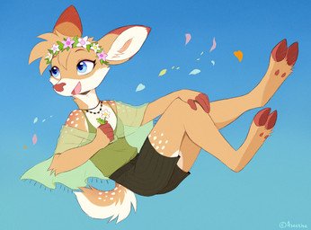 5_fingers anthro biped blue_eyes bottomwear brown_body brown_fur brown_hair brown_tail clothed clothed_anthro clothed_female clothing cloven_hooves countershade_torso countershading female female_anthro fingers front_view fully_clothed fully_clothed_anthro fully_clothed_female fur hair hooves inner_ear_fluff markings open_mouth open_smile pants smile solo spots spotted_body spotted_fur spotted_markings spotted_tail tail tail_markings tongue topwear tuft white_spots aseethe evvy_(babysteps) deer mammal 2025 digital_drawing_(artwork) digital_media_(artwork) hi_res