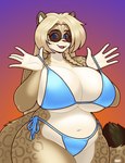 anthro big_breasts bikini bikini_pull blonde_hair blue_bikini blue_clothing blue_eyes blue_swimwear breasts brown_body brown_fur clothing clothing_pull collarbone curvy_figure eyebrows eyelashes eyewear female fur hair huge_breasts markings side-tie_bikini smile solo spots spotted_body spotted_fur string_bikini sunglasses swimwear swimwear_pull tan_body tan_fur thick_thighs two-piece_swimsuit voluptuous wide_hips blazbaros felid mammal pantherine snow_leopard 2025 hi_res