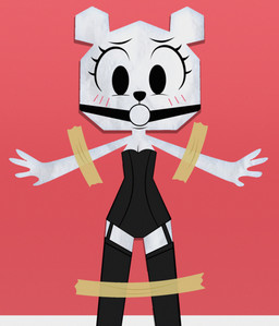 anthro ball_gag bdsm black_clothing bondage bound breasts cleavage clothed clothing female front_view gag gagged looking_at_viewer nightgown paper parody simple_background solo tape bdbagels cartoon_network fifty_shades_of_grey the_amazing_world_of_gumball teri_(tawog) bear mammal paper_creature 2024 absurd_res digital_media_(artwork) hi_res