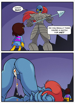 2_panel_comic after_sex anthro armor blue_body bodily_fluids bottomless brown_hair clothed clothing cum cum_in_vagina cum_inside duo eye_patch eyewear female fish_egg genital_fluids hair imminent_sex leaking_cum male male/female melee_weapon nude polearm red_hair sharp_teeth spear speech_bubble teeth text weapon yellow_body dushon instant_loss_2koma undertale undertale_(series) frisk_(undertale) undyne human mammal 2025 absurd_res english_text hi_res
