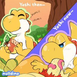 anthro bodily_fluids drooling duo eating erection fellatio food fruit genitals male male/male oral penile penis plant pubes saliva sex tongue two_toned_body nulldino mario_bros nintendo bowser dinosaur prehistoric_species reptile scalie yellow_yoshi yoshi 1:1