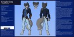 anthro belt belt_buckle blue_eyes bottomwear canid canine canis chest_tuft clothed clothing digitigrade english_text featureless_crotch front_view fur fur_markings grey_body grey_fur hair hi_res holster jacket kailun_setra male mammal markings model_sheet pants ponytail rear_view setriaphtfj simple_background solo standing text topwear tuft wolf