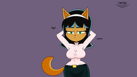 accessory anthro black_hair bored bouncing_breasts breasts clothed clothing eyes_closed female gesture green_eyes hair hair_accessory hairband hand_gesture hands_behind_head laugh laughing_at_viewer pointing pointing_at_viewer sigh solo standing sweater tan_body topwear turtleneck wide_hips kingdediamantes nickelodeon t.u.f.f._puppy kitty_katswell domestic_cat felid feline felis mammal 16:9 2026 animated animated_webp colored hi_res portrait signature three-quarter_portrait widescreen