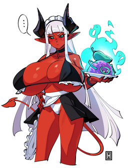 2_horns anthro big_breasts biped blue_eyes bra breasts chili_pepper clothed clothing dish female fire food fruit hair horn huge_breasts lingerie long_hair magic maid_bikini maid_headdress maid_uniform panties pepper_(fruit) plant plate red_body simple_background skimpy solo spade_tail speech_bubble spicy_food tail underwear uniform white_background white_hair thehelmetguy lyla_(thehelmetguy) demon demon_humanoid humanoid 2025 absurd_res digital_media_(artwork) hi_res