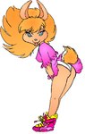 anthro biped blonde_hair blouse blue_eyes bottomwear clothed clothing female footwear fur hair looking_at_viewer panties pink_clothing shoes simple_background skirt solo tail tail_under_skirt tan_body tan_fur topwear underwear upskirt white_background white_clothing white_panties white_underwear steve_martin lagomorph leporid mammal rabbit dithering