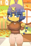 :< anthro autumn big_breasts breasts clothing female jewelry looking_at_viewer narrowed_eyes necklace question_mark solo sweater thick_thighs topwear uraeus onibi animal_crossing nintendo ankha_(animal_crossing) domestic_cat felid feline felis mammal absurd_res hi_res