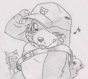 anthro blep blush chibi clothing group hat headgear headwear male musical_note musical_symbol one_eye_closed symbol tipping_hat tongue tongue_out wink tabasukotrr bandai_namco digimon bear bearmon digimon_(species) mammal monmon traditional_media_(artwork)