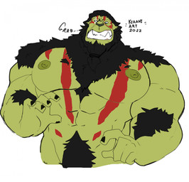 beard black_body black_fur body_hair facial_hair fangs fur green_body green_skin male markings pecs scar solo tattoo teeth kirani_art mythology igroc_(secretkaal) canid canine canis humanoid mammal mythological_canine mythological_creature orc werecanid werecanine werecreature werewolf wolf hi_res