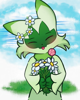 3_fingers :3 ambiguous_gender anthro arm_tuft blush clothing dipstick_ears ear_markings eyes_closed facial_markings facial_tuft fingers flower flower_accessory front_view fur grass green_body green_fur head_markings headgear headwear holding_object markings multicolored_ears open_:3 open_mouth open_smile plant simple_background smile solo tuft servalitas nintendo pokemon domestic_cat felid feline felis floragato generation_9_pokemon mammal pokemon_(species) 4:5 hi_res