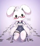 abstract_background ahoge anthro black_eyes blank_expression blush blush_lines breasts clothing coat eyewear female fur glasses hair head_tilt kemono lab_coat math name_tag one-piece_swimsuit pose rectangular_glasses red_eyewear red_glasses school_swimsuit simple_eyes solo swimwear thigh_belt topwear vial white_body white_fur young young_female zeru_(ma) lagomorph leporid mammal rabbit 2024 dated hi_res signature