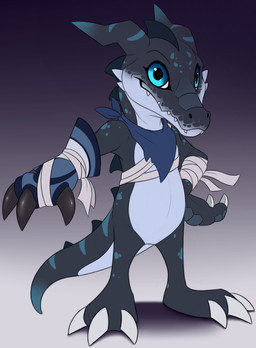 3_fingers 3_toes ambiguous_gender anthro back_spikes bandage biped black_body black_claws black_nose black_scales black_spikes black_tail blue_body blue_eyes blue_scales blue_scarf blue_spots blue_tail claws clothing eyelashes featureless_crotch feet finger_claws fingers gloves gradient_background handwear head_markings leg_markings looking_at_viewer markings multicolored_body multicolored_scales multicolored_tail nude nude_anthro one_glove scales scarf semi-anthro sharp_teeth simple_background snout solo spiked_tail spikes spikes_(anatomy) spots spotted_body spotted_markings spotted_scales standing tail tail_markings teeth toe_claws toes two_tone_body two_tone_scales two_tone_tail white_claws meraence bandai_namco digimon fakemon fan_character digimon_(species) reptile scalie sobemon 2021 digital_media_(artwork) hi_res male_(lore)