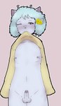 antennae_(anatomy) anthro balls blue_body blue_hair blue_skin blush bodily_fluids clothed clothing clothing_lift dripping femboy genital_fluids genitals hair leaking_precum male nipples one_eye_closed penis precum precum_drip presenting presenting_penis raised_clothing shirt shirt_in_mouth shirt_lift solo standing topwear teruni-inamor wassa_panotto_inamor alien virelli
