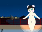 anthro areola black_hair blue_eyes blush breasts building city cityscape female fur genitals hair light looking_at_viewer medium_breasts navel night nipples nude outside pussy sky smile solo standing star white_body white_fur wide_hipped_female wide_hips nonyammychoko animal_crossing nintendo pekoe_(animal_crossing) bear mammal 2021 4:3 shaded signature