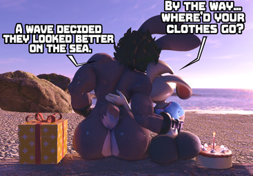 4_fingers anthro back_muscles beach big_butt birthday_cake black_body black_fur black_hair box butt cake clothed clothed_female clothing container dessert duo female fingers food fur gift gift_bow gift_box grey_body grey_fur hair handwear holding_another larger_male leggings legwear long_ears male messy_hair muscular muscular_arms muscular_male nude nude_male rear_view resting_on_partner romantic romantic_ambiance scut_tail sea short_tail side_hug size_difference smaller_female sunset tail text topwear water kevzep1 disney zootopia dennis_(cyds2) judy_hopps humanoid lagomorph leporid mammal rabbit 3d_(artwork) digital_media_(artwork) hi_res