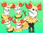 ambiguous_gender anthro chest_tuft fur green_background orange_body orange_fur red_eyes simple_background solo tuft shoog_serary nintendo pokemon braixen canid canine fox generation_6_pokemon mammal pokemon_(species) hi_res