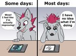 anthro bodily_fluids comparing crying dialogue drawing drawing_tablet electronics hair hand_on_head male solo tears text shreddyfox shreddy_(shreddyfox) canid canine fox mammal 2021 absurd_res comic english_text hi_res